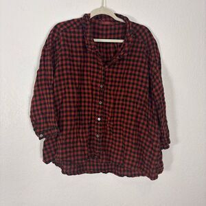 Cut Loose Red & Black Checkered Plaid Linen Button Front Top Size Large